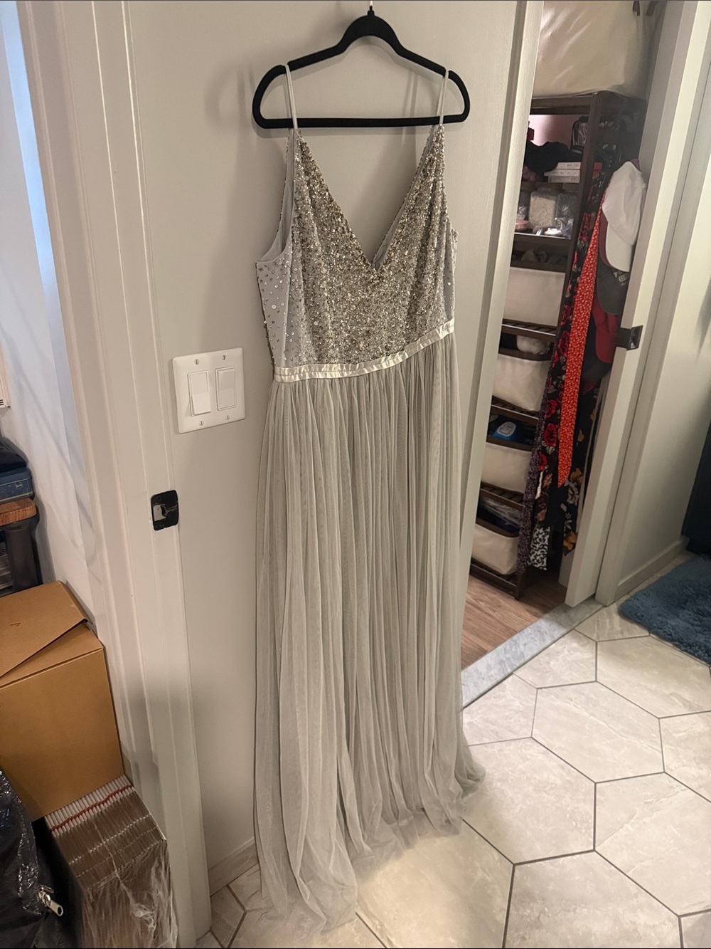 Size 18 BHLDN Silver Sequin Bodice Tulle Prom Dress